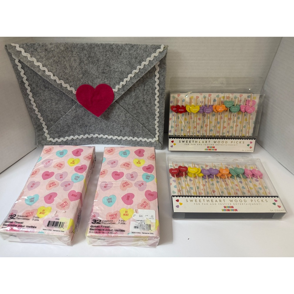 Valentine Party Bundle Heart Napkins Wood Picks Party Set‎ 9"x12" Felt Envelope